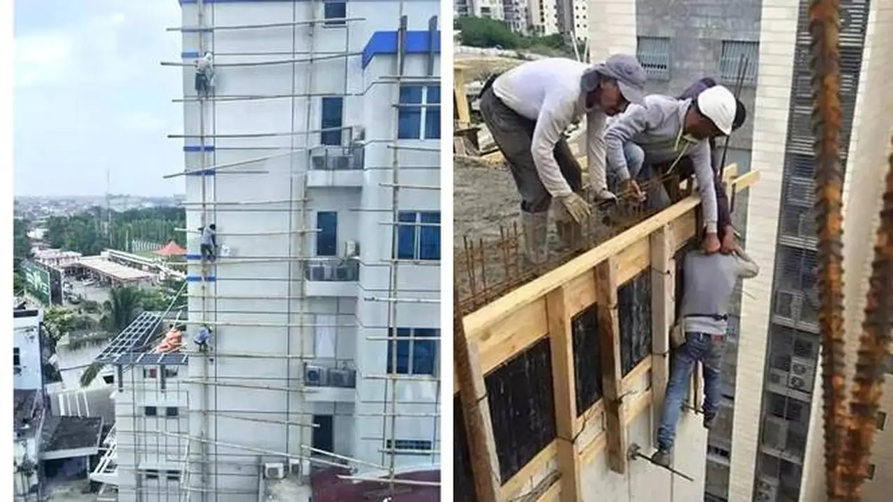7 Potret Kuli Bangunan Kerja di Tempat Ekstrem Minim Pengaman Ini Bikin Deg-Degan