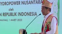 Presiden Jokowi saat menyampaikan sambutan dalam Peletakan Batu Pertama pembangunan Pembangkit Listrik Tenaga Air (PLTA) Mentarang Induk di Kabupaten Malinau Kalimantan Utara. (istimewa)