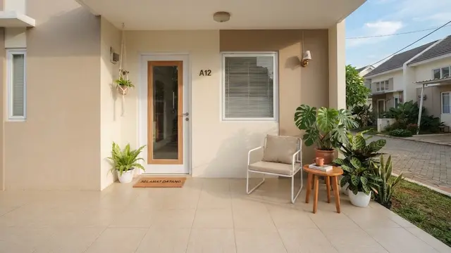 Warna keramik lantai yang cocok untuk teras rumah kecil model beige untuk fasad warna netral