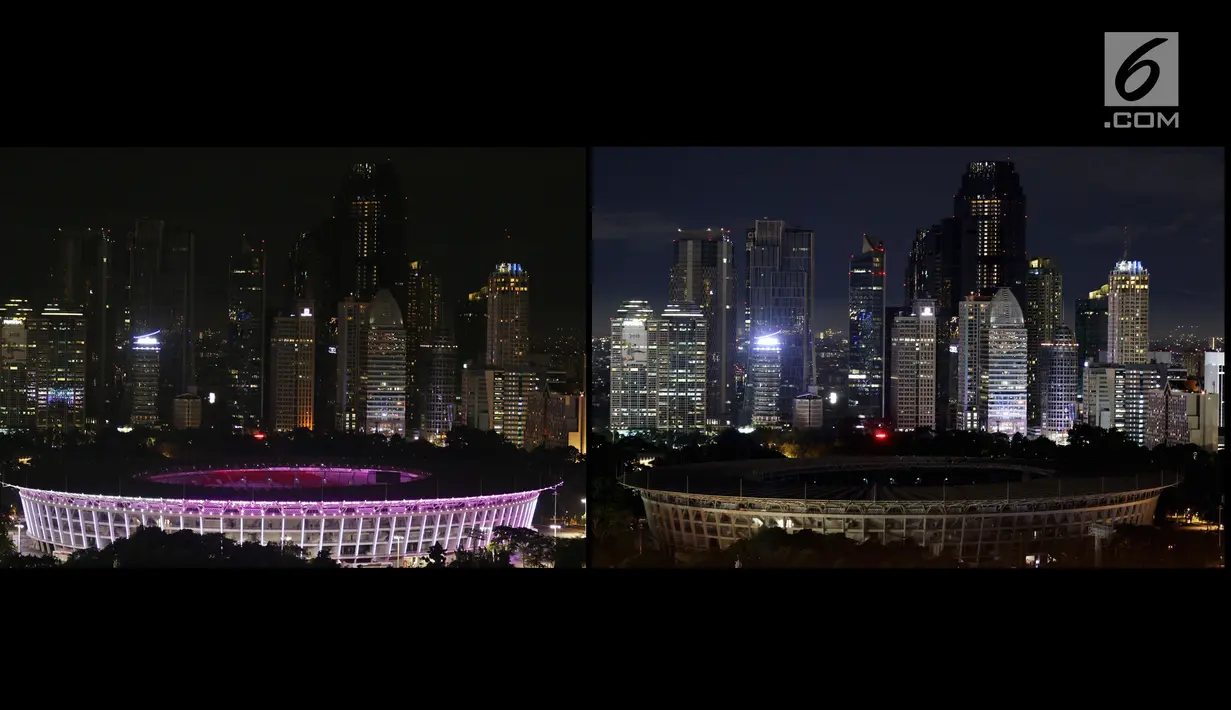 Suasana Stadion Utama Gelora Bung Karno (GBK) sebelum dan sesudah lampu dipadamkan pada peringatan Earth Hour 2018 di Jakarta, Sabtu (24/3). Berdasarkan perhitungan WWF, kegiatan ini bisa menghemat energi listrik 30 persen. (Liputan6.com/Johan Tallo)