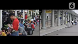 Foto kombo menunjukkan suasana arus mudik H-2 Idul Fitri 2019 (kiri) dan H-2 Idul Fitri 2020 (kanan) di Stasiun Pasar Senen, Jakarta, Jumat (22/5/2020). Larangan mudik bagi warga Jakarta karena pandemi COVID-19 menyebabkan pemandangan kontras di Stasiun Pasar Senen. (merdeka.com/Iqbal S. Nugroho)