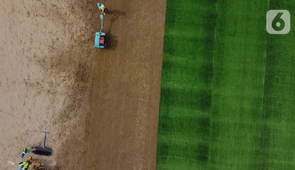 Pekerja melakukan proses perataan tanah untuk pemasangan rumput hybrid di area lapangan latih Jakarta International Stadium, Jumat (23/10/2020). Sebanyak dua lapangan latih JIS mulai dilakukan pemasangan rumput hybrid dan ditarget selesai pada Desember 2020. (Liputan6.com/Helmi Fithriansyah)