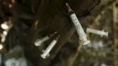 Jarum suntik heroin bekas para pecandu narkoba tertancap pada pohon pisang di Hanoi ,Vietnam, Selasa (1/12). Hal ini dilakukan untuk menyinggung meningkatnya remaja yang meninggal akibat AIDS dan penggunaan narkoba. (REUTERS/Kham)