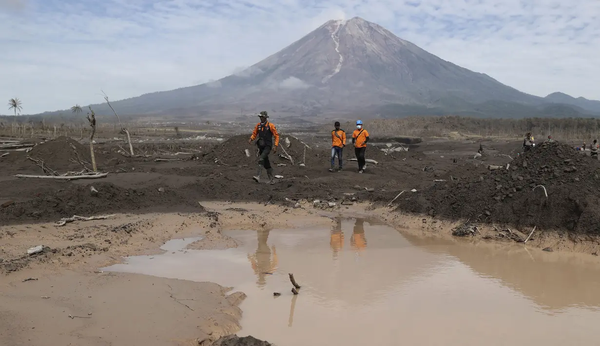 Tim penyelamat berjalan di daerah yang terkena dampak letusan Gunung Semeru selama pencarian korban di Lumajang, Jawa Timur, Rabu (8/12/2021). Berdasarkan laporan BNPB, jumlah korban meninggal hingga Rabu pukul 10.30 WIB hari ini berjumlah 41 orang dan 12 lainnya dalam pencarian. (AP Photo/Trisnadi)
