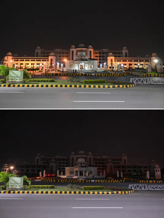 Foto kombinasi menunjukkan pemandangan umum gedung kantor Perdana Menteri Pakistan yang diterangi sebelum (atas) dan setelah lampunya dimatikan (bawah) selama Earth Hour di Islamabad (27/3/2021). (AFP/Aamir Qureshi)