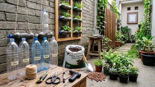 Cara Membuat Halaman Rumah Kecil Terasa Luas dengan Kebun Botol Bekas Vertikal/AI Generated