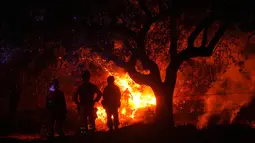 Petugas pemadam kebakaran menggunakan pembakaran terkontrol untuk menghentikan kebakaran hutan yang terus menyebar di dekat Cebreros, provinsi Ávila, Spanyol, Selasa, 28 Juli 2026. (AP Photo/Manu Fernandez)