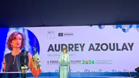 Direktur Jenderal UNESCO, Audrey Azoulay berpidato dalam konferensi Hari Kebebasan Pers Sedunia 2024 yang diselenggarakan UNESCO di Santiago, Chili pada Jumatb (3/5/2024)