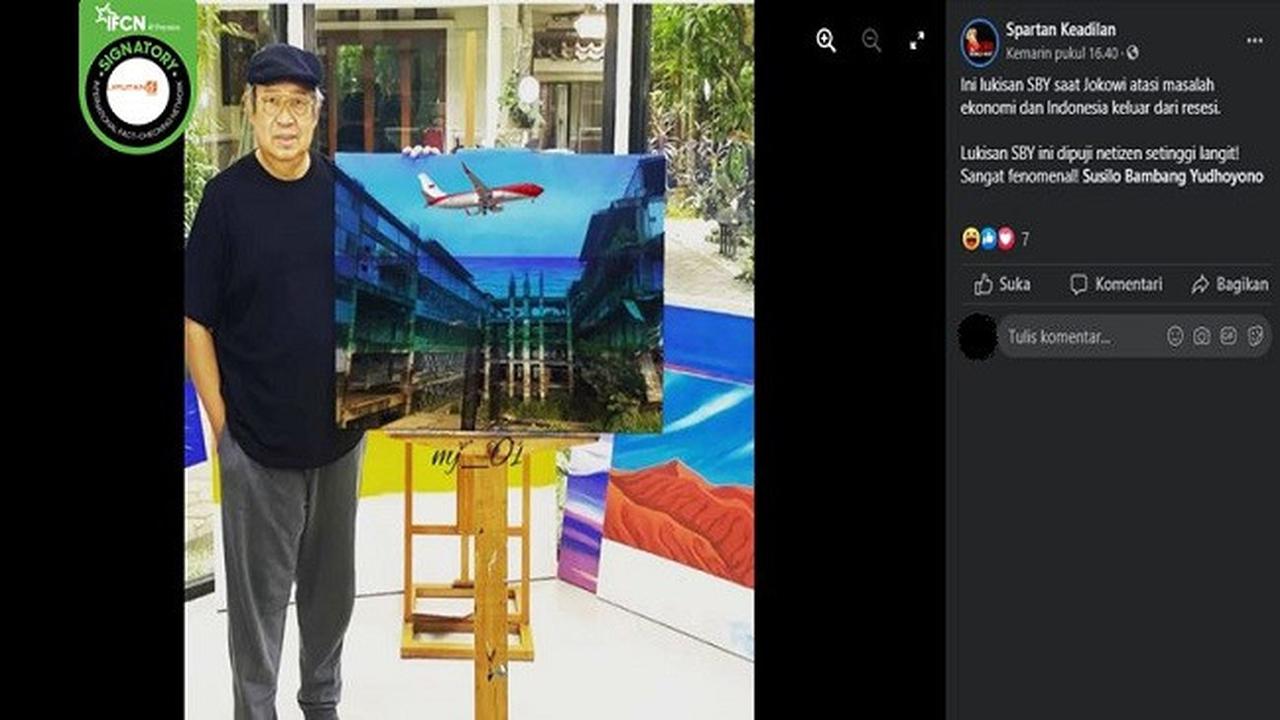 Gambar Tangkapan Layar Foto yang diklaim SBY Pamer Lukisan Pesawat Merah Putih Terbang di Atas Bangunan Mangkrak (sumber: Facebook).