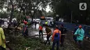 Warga membersihkan dahan pohon tumbang yang melintang di sebuah jalan di Kota Tangerang, Banten, Kamis (23/12/2021). Puluhan pohon dan gapura tumbang akibat terjangan angin kencang saat hujan lebat melanda Kota Tangerang. (Liputan6.com/Angga Yuniar)