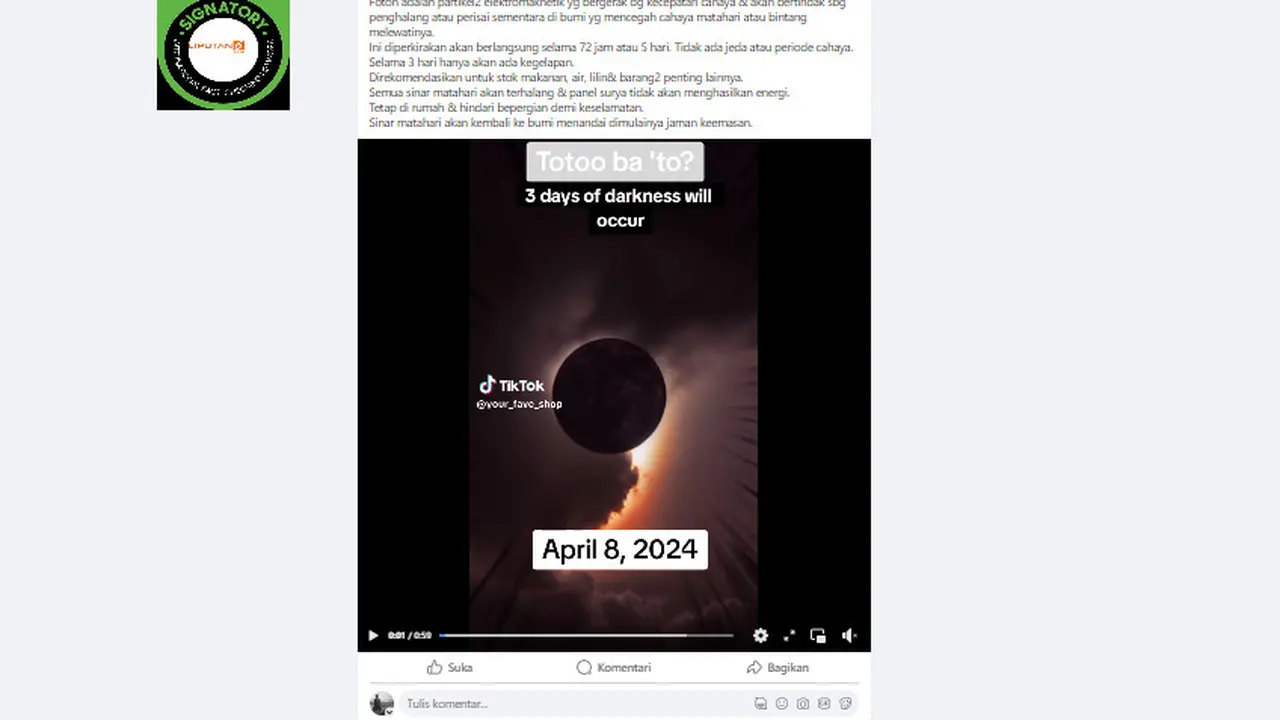Tangkapan layar klaim 8 April bumi akan mengalami kegelapan selama 3 hari akibat terhalang foton