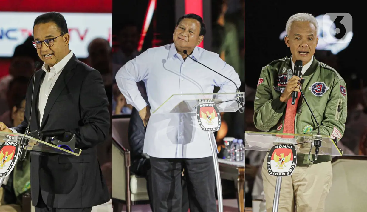 Foto kombinasi Capres nomor urut 01 Anies Baswedan Capres nomor urut 02 Prabowo Subianto, Capres nomor urut 03 Ganjar Pranowo saat beradu gagasan dalam debat ketiga Capres Pemilu 2024 di Istora Gelora Bung Karno, Jakarta, Minggu (7/1/2023). (Liputan6.com/Faizal Fanani)