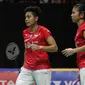 Pebulutangkis Indonesia, Greysia Polii/Apriyani Rahayu saat melawan Maiken Fruergaard/Sara Thygesen (Denmark) pada final ganda putri Indonesia Masters 2020 di Istora GBK, Jakarta, MInggu (19/1/2020). Greysia/Apriyani unggul 18-21 21-11 23-21. (Liputan6.com/Helmi Fithriansyah)