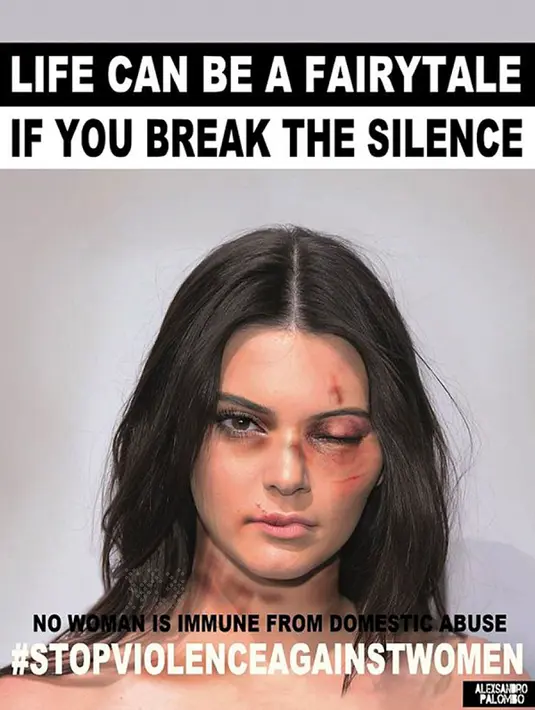 Model Kendall Jenner ditampilkan dengan wajah lebam seperti habis dipukul. Foto yang diedit itu pun diberi tulisan yang memotivasi wanita untuk melawan tindak kekerasan. (dailymail.co.uk)