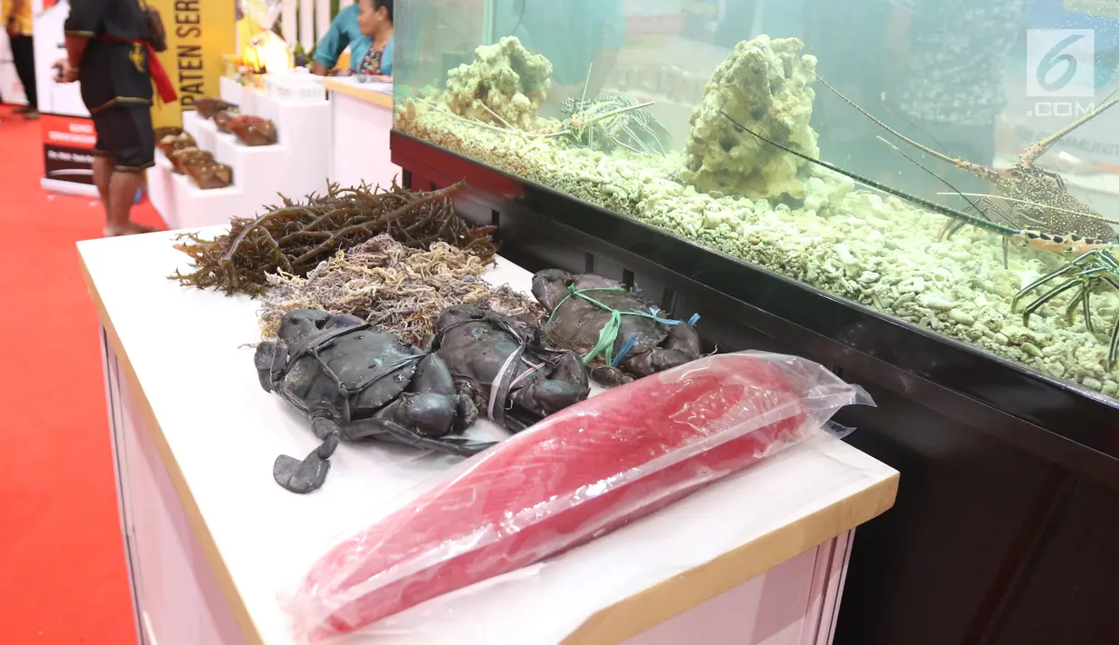 Hasil laut dipamerkan dalam Apkasi Otonomi Expo (AOE) di JCC Jakarta, Rabu (3/7/2019). AOE 2019 berlangsung pada tanggal 3-5 Juli 2019. (Liputan6.com/Angga Yuniar)