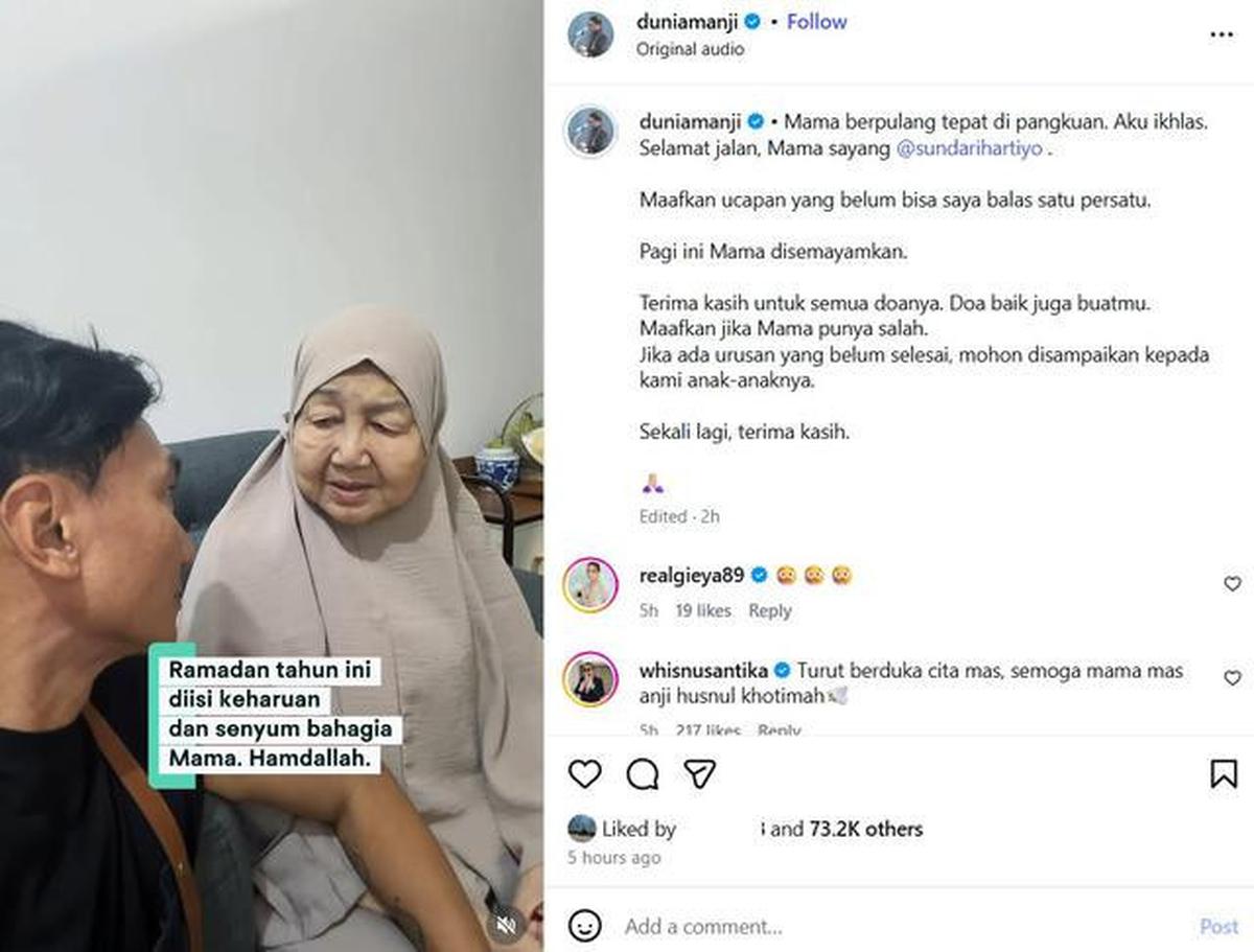 Ibunda Anji Meninggal Dunia, Sempat Tinggal Dekat dengan Sang Anak Jelang Berpulang