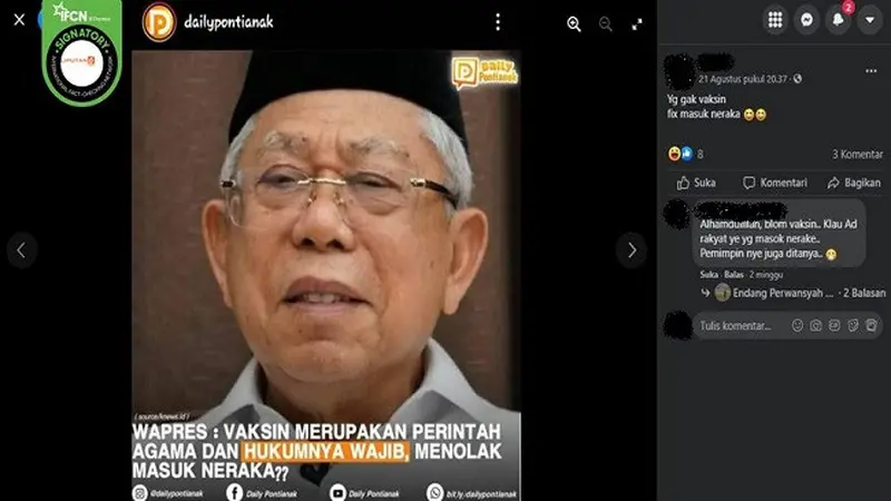 Gambar Tangkapan Layar Kabar Ma'ruf Amin Sebut Menolak Vaksin Masuk Neraka (sumber: Facebook).