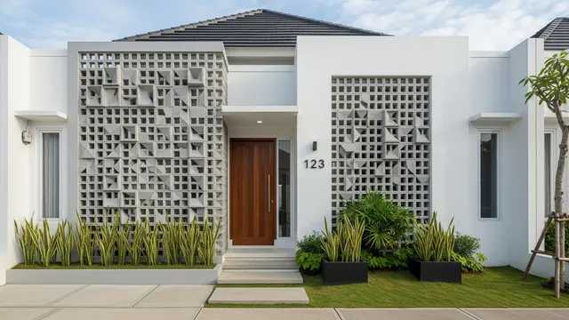 Kombinasi Roster dan Dinding Putih untuk Tampak Depan Rumah Minimalis
