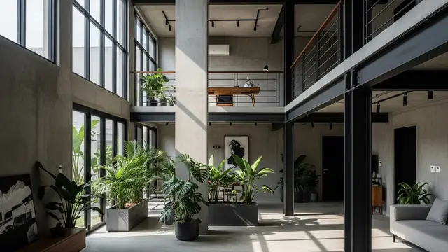 Rumah Kecil Industrial dengan Void Tinggi