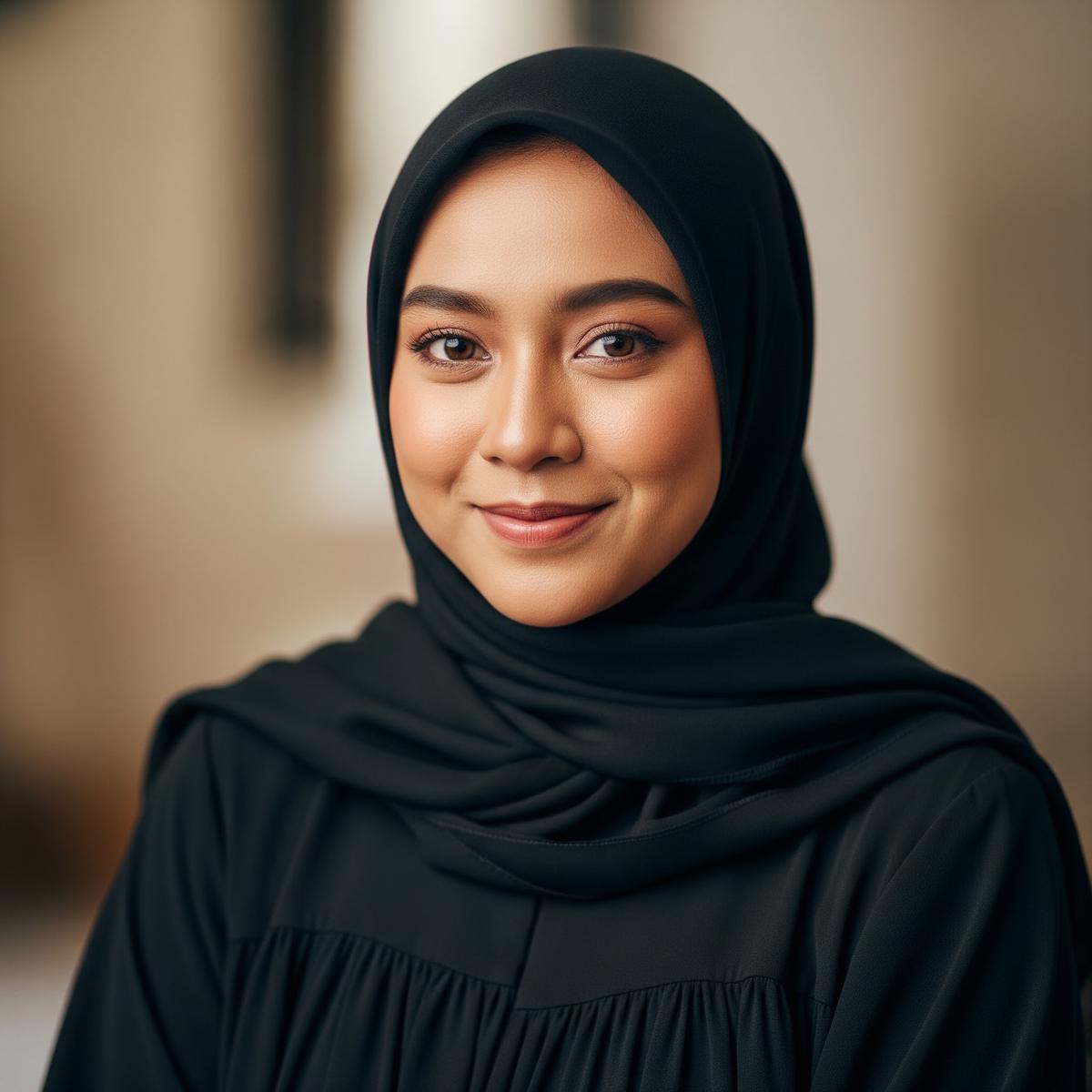 Gamis Hitam dan Hijab Hitam untuk Wajah Sawo Matang