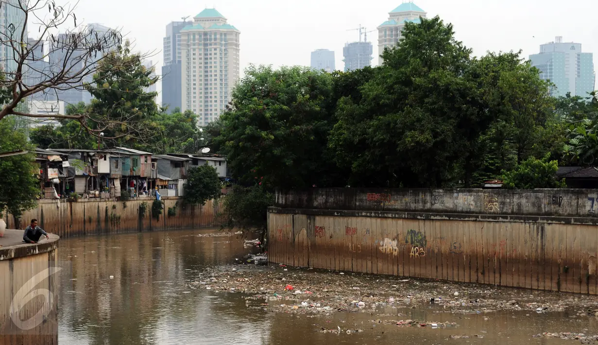 Ceceran sampah terlihat menggenang di Kali Krukut dekat TPU Karet Bivak Jakarta, Sabtu (5/11). Tampak bangunan semi permanen yang dijadikan pemukiman oleh warga di sisi Kali Krukut. (Liputan6.com/Helmi Fithriansyah)