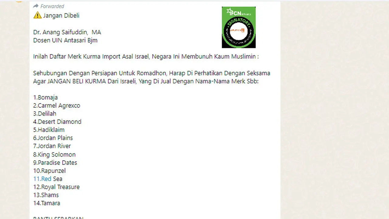 Tangkap layar  imbauan Dosen UIN Antasari Banjarmasin Anang Saifuddin tidak membeli kurma asal Israel