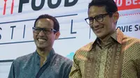 CEO Go-Jek Nadiem Makarim dan Wakil Gubernur DKI Jakarta Sandiaga Uno di acara Go-Food Festival, Selasa (9/1/2018).