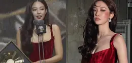 Jennie BLACKPINK dan Ningning aespa Kenakan Gaun Merah. [@imnotningning/Golden Disc Awards]