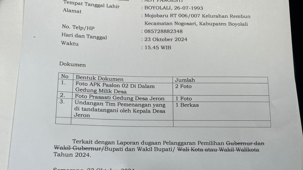 Kepala Desa dan Camat Di Boyolali Dilaporkan karena Tidak Netral Dalam Pilgub Jateng