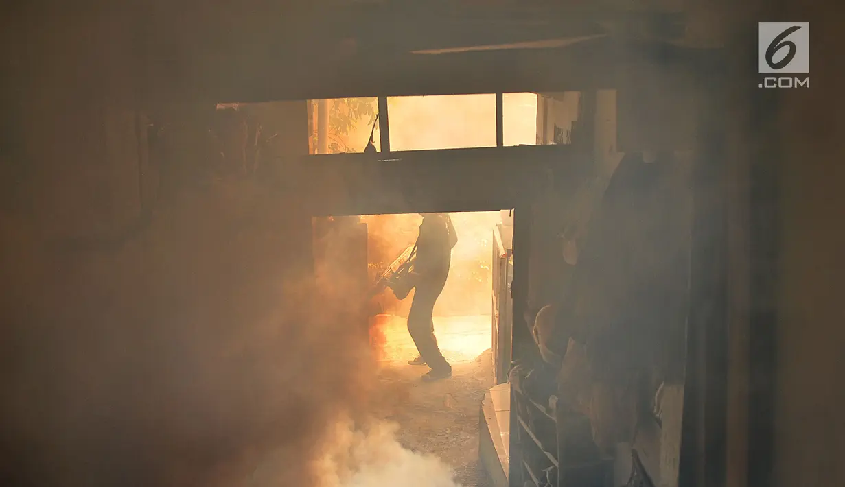 Petugas melakukan fogging nyamuk demam berdarah dengue (DBD) di salah satu rumah warga RW 01, Kelurahan Cipinang, Jakarta, Minggu (10/3). Fogging dilakukan setelah beberapa warga di permukiman tersebut terkena DBD. (merdeka.com/Iqbal Nugroho)