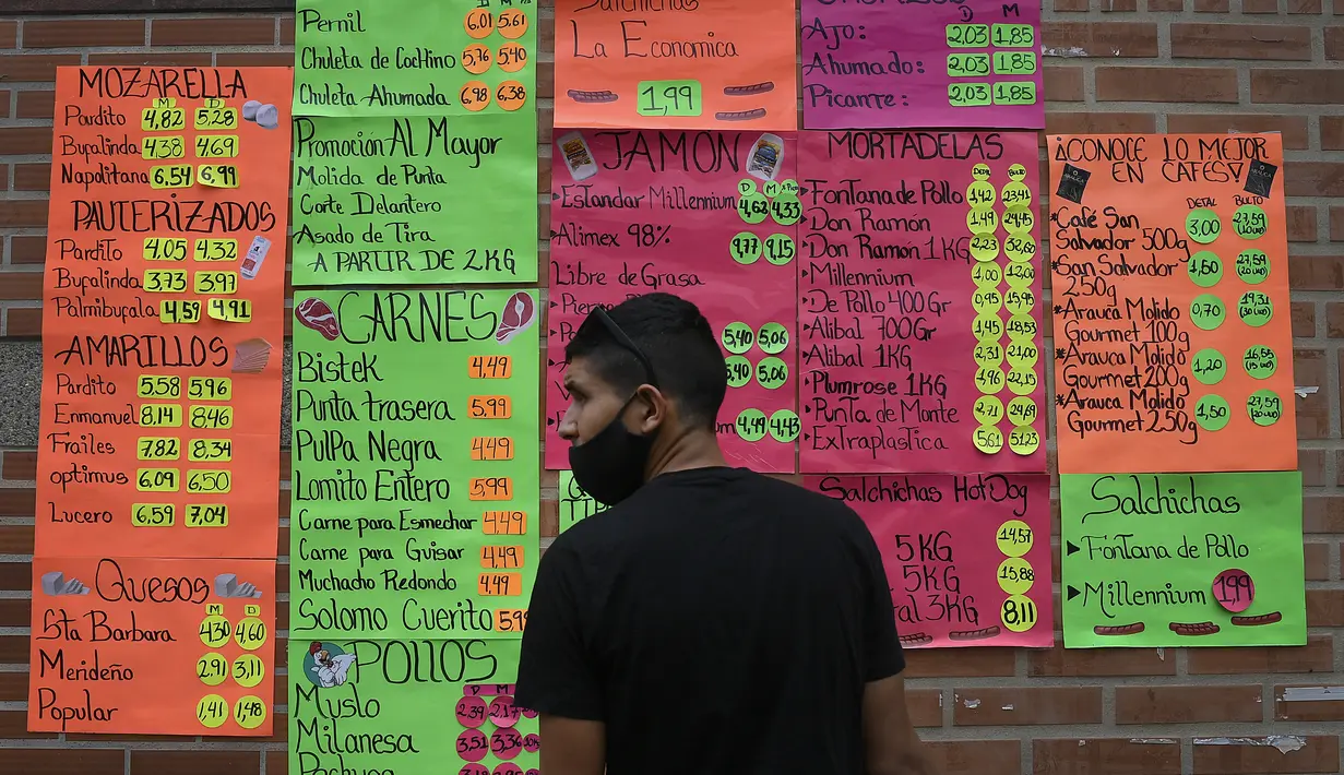 Seorang pria berdiri di depan tanda harga produk dalam dolar AS di luar toko bahan makanan di Caracas (19/1/2021). Krisis ekonomi Venezuela telah mengirim jutaan orang melarikan diri dan mereka yang tertinggal kekurangan barang-barang kebutuhan pokok, termasuk bensin. (AP Photo/Matias Delacroix)