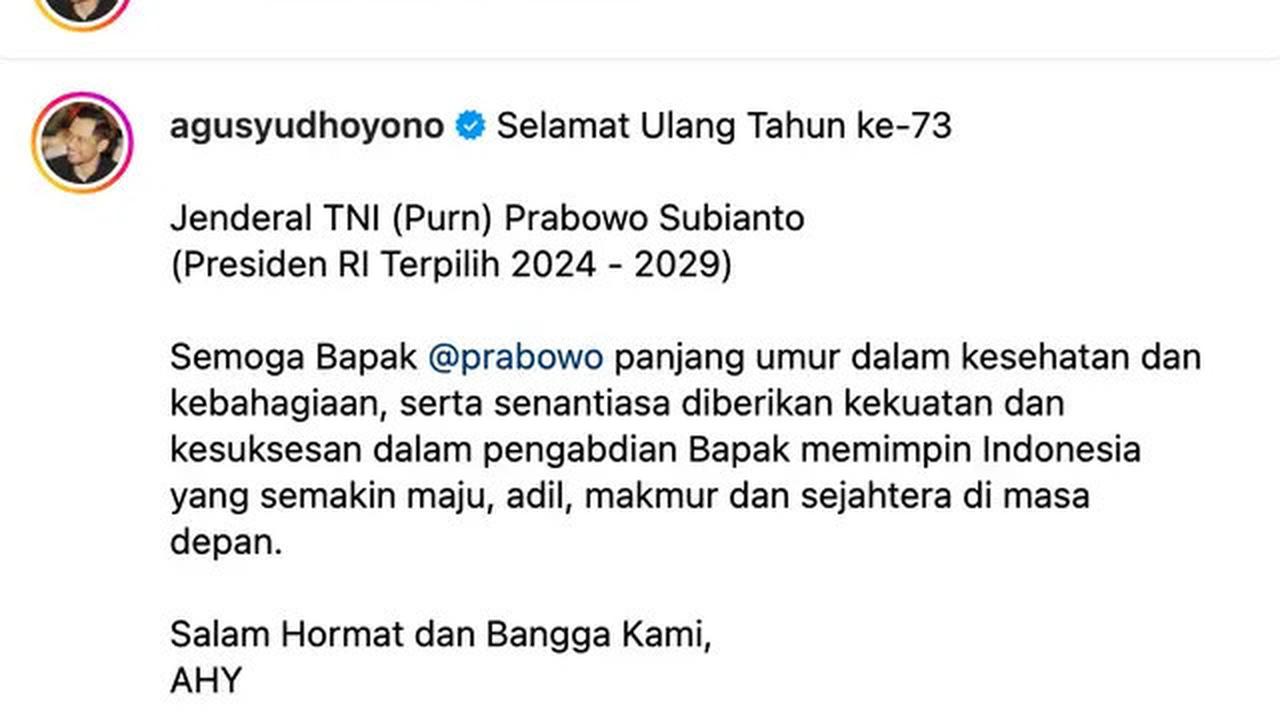 Prabowo Ultah ke-73, AHY Hingga Mulan Jameela Kirim Doa Diberi Kekuatan dan Kesuksesan dalam Pengabdian