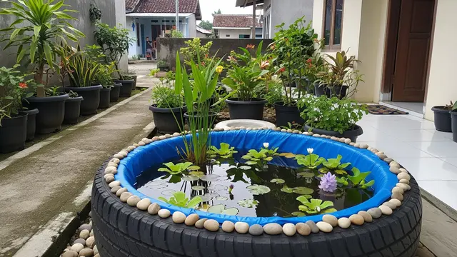 Desain Kebun Rumah Unik dari Ban Bekas untuk Halaman Kecil Model Kolam Mini Ban Bekas