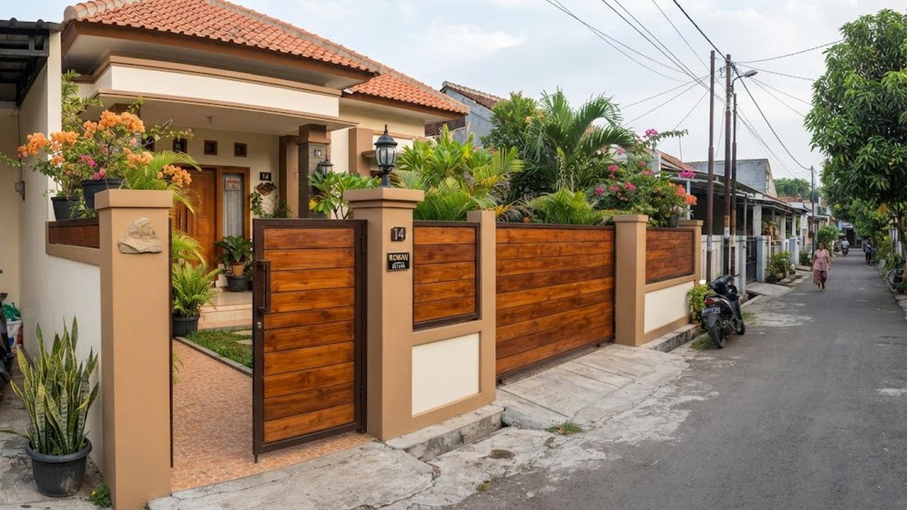 Warna cat pagar warm tone yang terlihat elegan model cokelat kayu untuk pagar