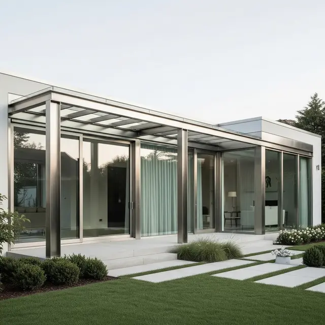 Gambar Rumah Minimalis Tampak Depan dengan Aksen Kaca Modern yang Terlihat Mewah (Image by Gemini AI)