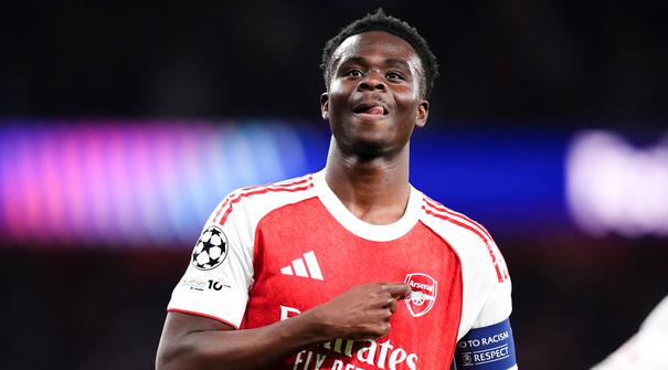 Pemain Arsenal, Bukayo Saka, melakukan selebrasi setelah mencetak gol ke gawang Atletico Madrid pada laga leg kedua semifinal Liga Champions di Stadion Emirates, Rabu (6/5/2026). (John Walton/PA via AP)