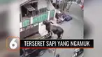 Seekor sapi berukuran besar terlepas dan mengamuk di kawasan padat penduduk, di Kebon Bawang, Tanjung Priok, Jakarta Utara, Senin petang (19/7). Satu orang terluka akibat terseret sapi yang mengamuk.