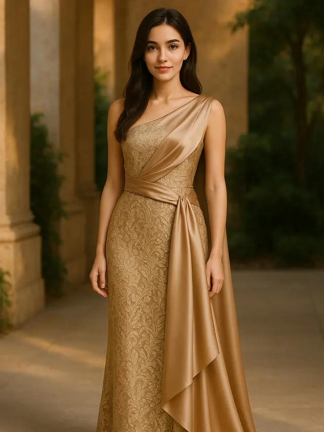 Model Long Dress Brokat Kombinasi Satin Asimetris Kekinian