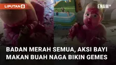 Aksi polos bayi makan buah naga hingga badannya merah semua menarik perhatian