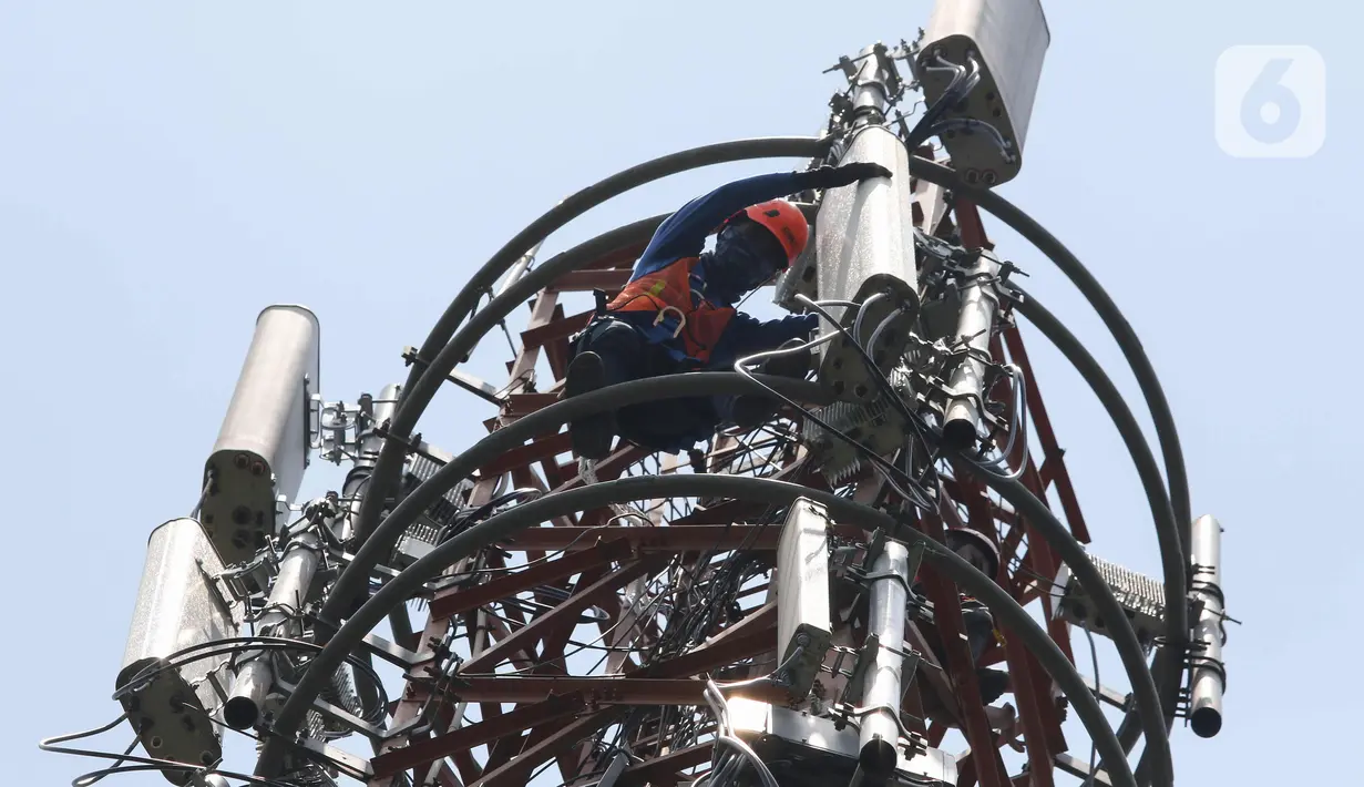 Teknisi melakukan pemeliharaan tower BTS 4G XL Axiata di Kuta Raya, Kayu Agung, Ogan Komering Ilir (OKI), Sumatera Selatan. Senin (13/3/2023). XL Axiata memastikan jaringan miliknya siap melayani kebutuhan pelanggan dan masyarakat selama Ramadhan hingga Hari Raya Idul Fitri 1444 Hijriah. (Liputan6.com/Herman Zakharia)