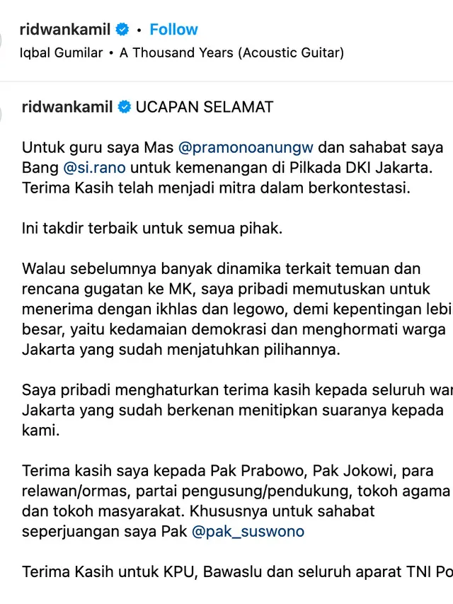 Unggahan Ridwan Kamil. (Foto: Dok. Instagram @ridwankamil)