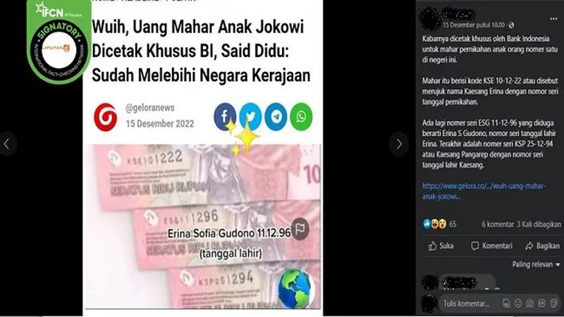 Gambar Tangkapan Layar Kabar tentang Uang Mahar Pernikahan Kaesang Pangarep dan Erina Gundono Dicetak Khusus oleh Bank Indonesia (sumber: Facebook).
