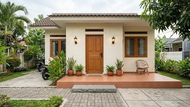 Teras Rumah dengan Lantai Naik Satu Anak Tangga