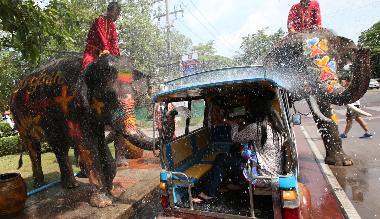 Seekor gajah menyemprotkan air kepada wisatawan yang menaiki mobil saat perayaan tahun baru kuno Thailand atau Songkran di provinsi Ayutthaya, Thailand (11/4). (AP Photo/Sakchai Lalit)