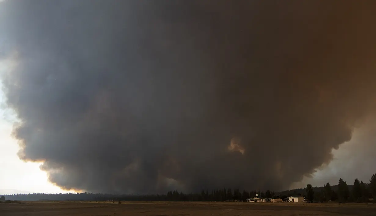 Asap hitam mengepul dari api Dixie mengepul menuju Chester California Selasa (3/8/2021). Kebakaran Dixie yang membakar hutan utara negara bagian itu, karena perubahan iklim membuat musim kebakaran lebih lama, lebih panas, dan lebih dahsyat. (AFP/Josh Edelson)