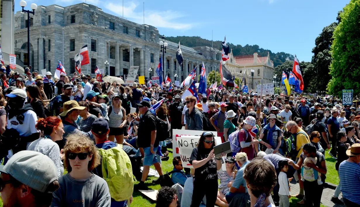 Para pengunjuk rasa menggelar demonstrasi di luar gedung Parlemen Selandia Baru, di Wellington, Selasa (9/11/2021). Ribuan warga Selandia Baru berdemonstrasi memprotes kebijakan vaksin covid-19 dan penguncian (lockdown) yang diterapkan negara itu. (Neil SANDS / AFP)