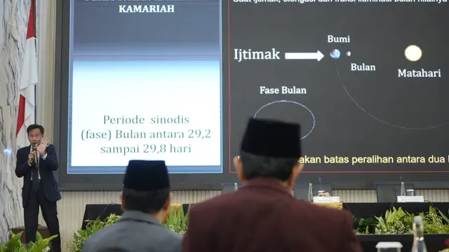 Anggota Tim Hisab dan Rukyat Kemenag Cecep Nurwendaya memberikan pemaparan dalam sidang isbat penentuan Idul Fitri 2024, Selasa (9/4/2024).