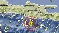 Gempa Magnitudo 4,1 menggetarkan wilayah Pacitan, Jatim, Selasa (7/5/2024), pukul 09.41.55 WIB. (Liputan6.com/ Dok BMKG)