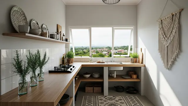 Dapur Minimalis Bohemian Bentuk L dengan Tanaman Rosemary