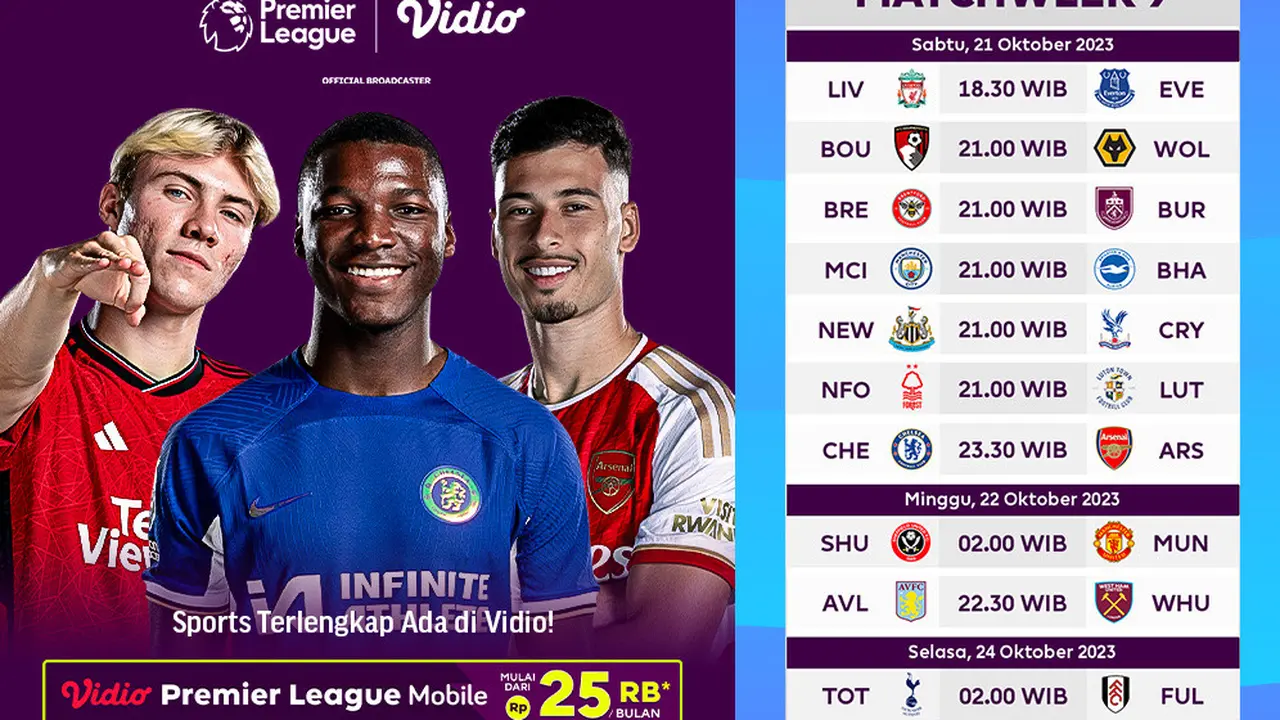 Jadwal dan Live Streaming Liga Inggris Gameweek 9 di Vidio